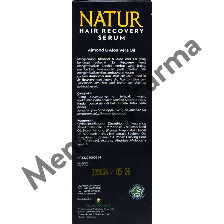 Natur Hair Recovery Serum Almond & Aloe Vera Oil 60 ML - Serum Untuk Rambut Kusam - Menteng Farma