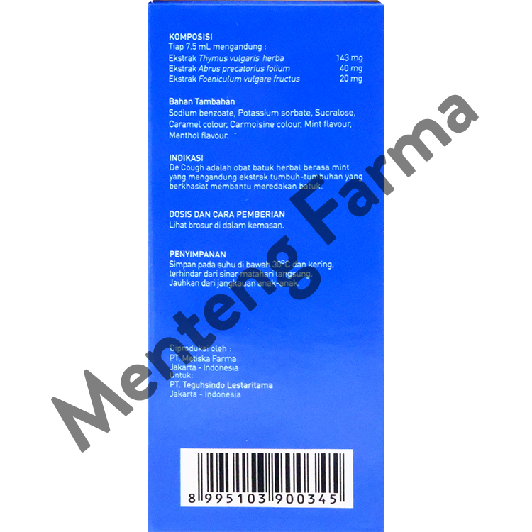 De Cough Rasa Menthol Sirup Dewasa 60 mL - Herbal Pereda Batuk - Menteng Farma