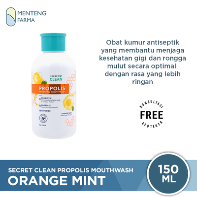 Secret Clean Propolis Antiseptic Mouthwash Orange Mint 150 mL - Obat Kumur Antiseptik - Menteng Farma