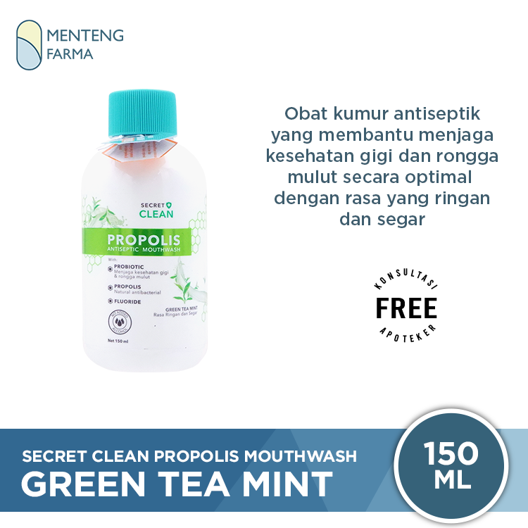 Secret Clean Propolis Antiseptic Mouthwash Green Tea Mint 150 mL - Obat Kumur Antiseptik - Menteng Farma