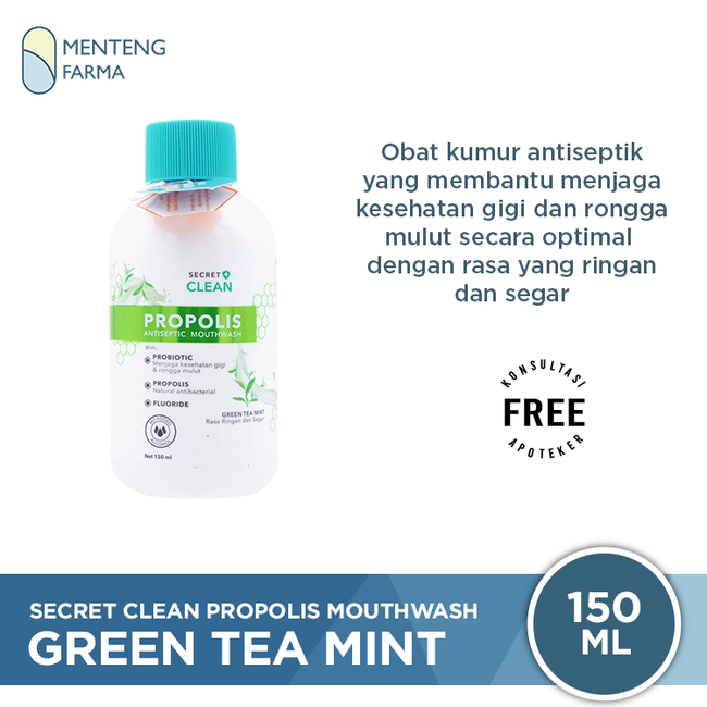 Secret Clean Propolis Antiseptic Mouthwash Green Tea Mint 150 mL - Obat Kumur Antiseptik - Menteng Farma