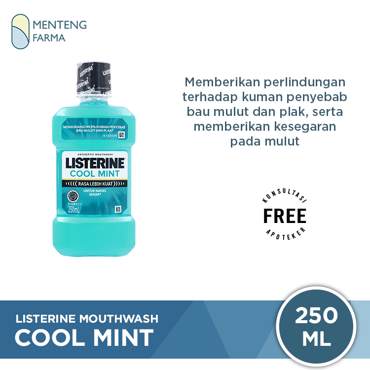 Listerine Cool Mint Mouthwash 250 mL - Menyegarkan Nafas & Melawan Kuman Penyebab Bau Mulut