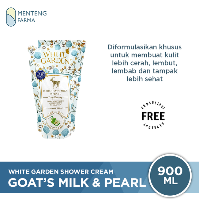 White Garden Shower Cream Refill 900 ml Pure Goat's Milk & Pearl - Melembabkan dan Mencerahkan Kulit