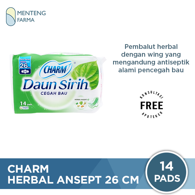 Charm Pembalut Herbal Ansept+ 26 cm Wing Long 14 Pads - Pembalut Herbal 26 cm