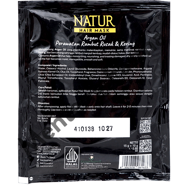 Natur Hair Mask With Argan Oil Sachet 15 Gram - Menutrisi dan Merawat Rambut Rusak