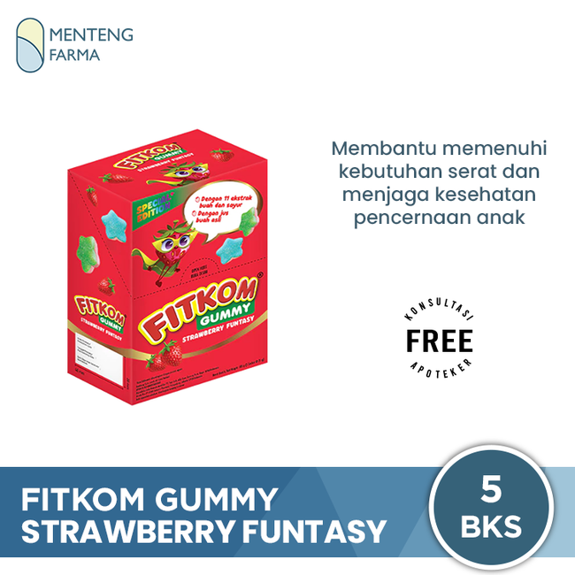 Fitkom Gummy Strawberry Funtasy Isi 5 Sachet - Tinggi Serat untuk Kesehatan Pencernaan Anak