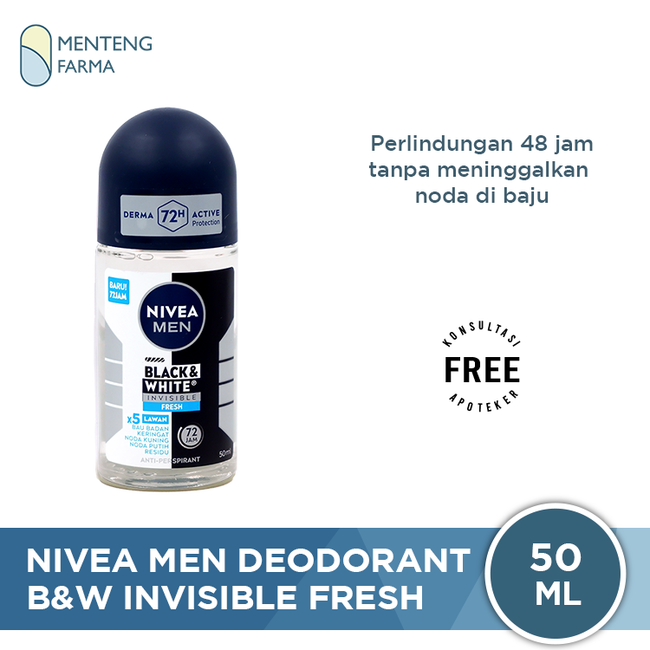 Nivea Men Black & White Invisible Fresh Deodorant Roll On 50ml - Deodorant Pria dengan Teknologi Anti Noda Kuning dan Putih