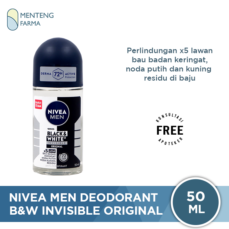 Nivea Men Black & White Invisible Original Deodorant Roll On 50ml - Deodorant Pria dengan Teknologi Anti Noda Kuning dan Putih