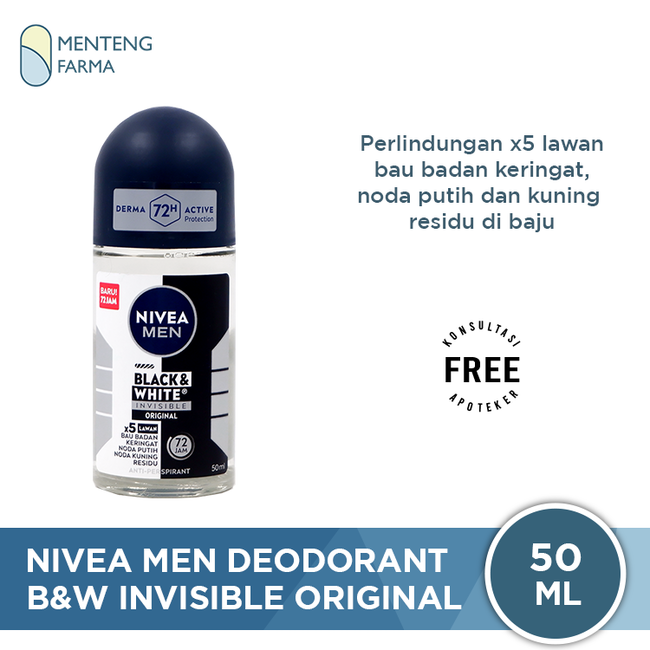 Nivea Men Black & White Invisible Original Deodorant Roll On 50ml - Deodorant Pria dengan Teknologi Anti Noda Kuning dan Putih