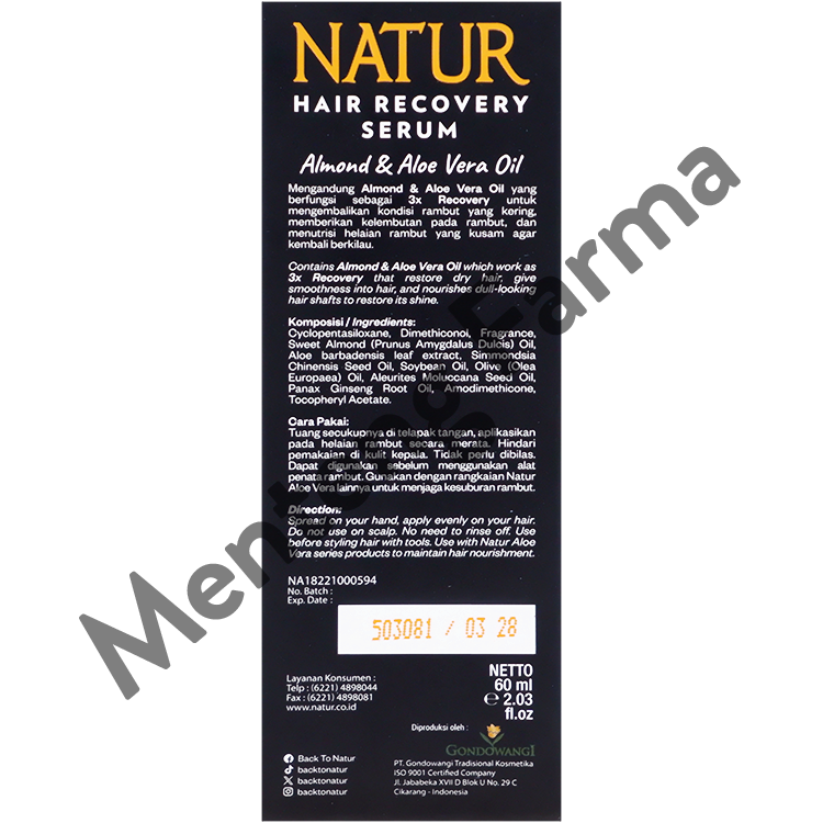 Natur Hair Recovery Serum Almond & Aloe Vera Oil 60 ML - Serum Untuk Rambut Kusam