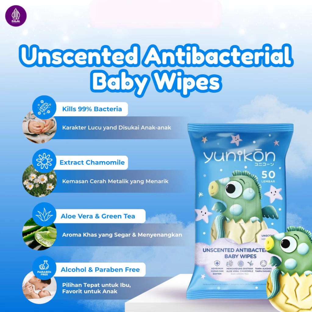 Yunikon Unscented Antibacterial Baby Wipes Isi 50 Sheet - Tisu Basah Bayi dan Anak Antibacterial Unscented