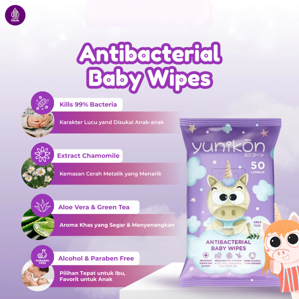 Yunikon Dreamy Clouds AntiBacterial Baby Wipes Isi 50 Sheet - Tisu Basah Bayi dan Anak Antibacterial Purple