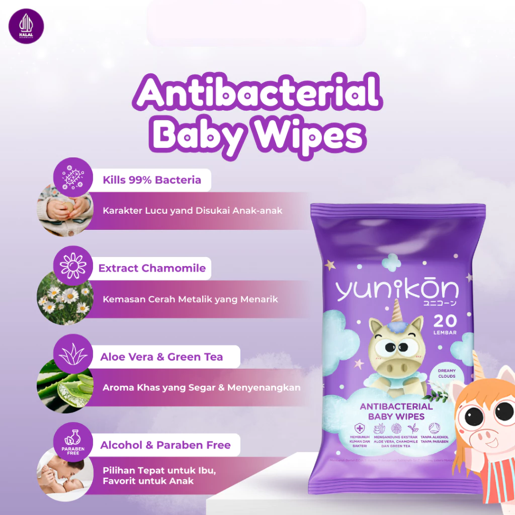 Yunikon Dreamy Clouds AntiBacterial Baby Wipes Isi 20 Sheet - Tisu Basah Bayi dan Anak Antibacterial Purple