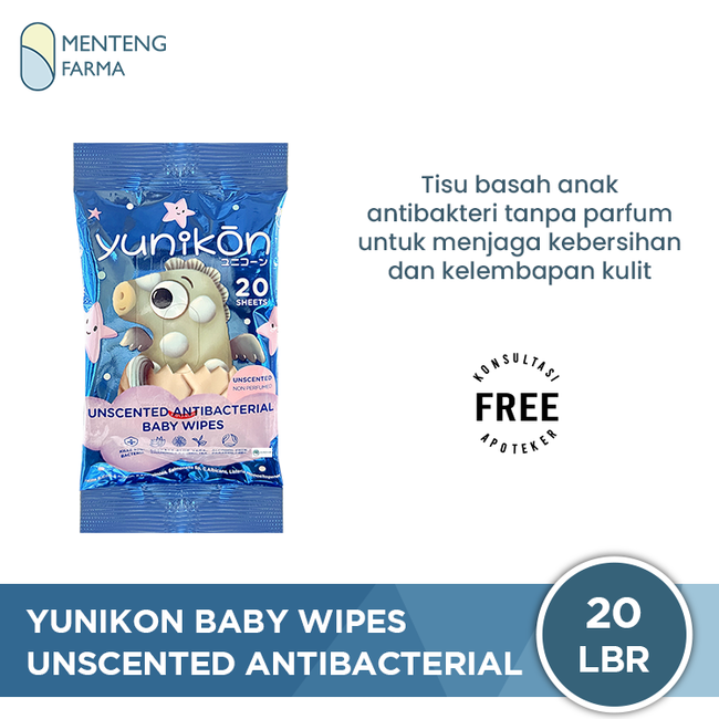 Yunikon Unscented Antibacterial Baby Wipes Isi 20 Sheet - Tisu Basah Bayi dan Anak Antibakterial Unscented