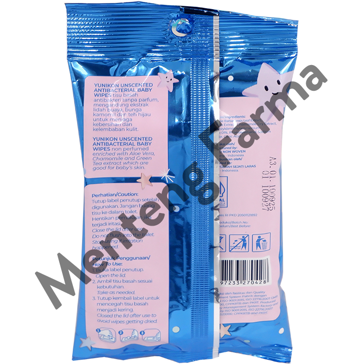 Yunikon Unscented Antibacterial Baby Wipes Isi 20 Sheet - Tisu Basah Bayi dan Anak Antibakterial Unscented