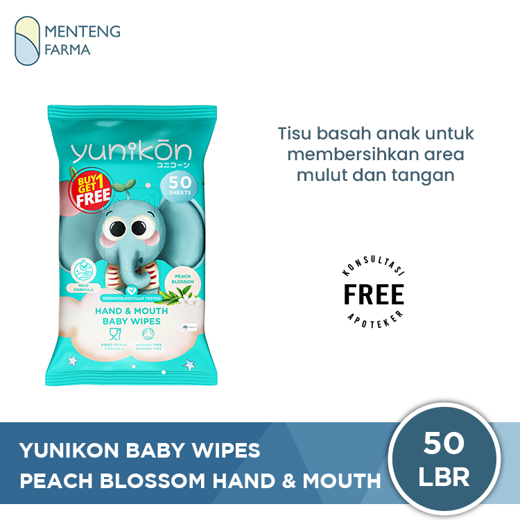 Yunikon Peach Blossom Hand & Mouth Baby Wipes Isi 50 Sheet - Tisu Basah Bayi dan Anak Hand & Mouth