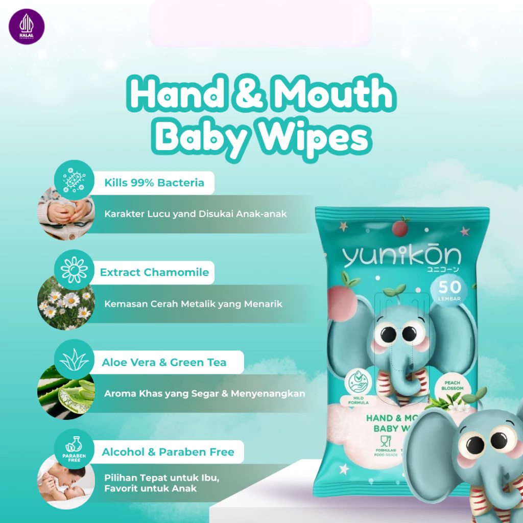 Yunikon Peach Blossom Hand & Mouth Baby Wipes Isi 50 Sheet - Tisu Basah Bayi dan Anak Hand & Mouth