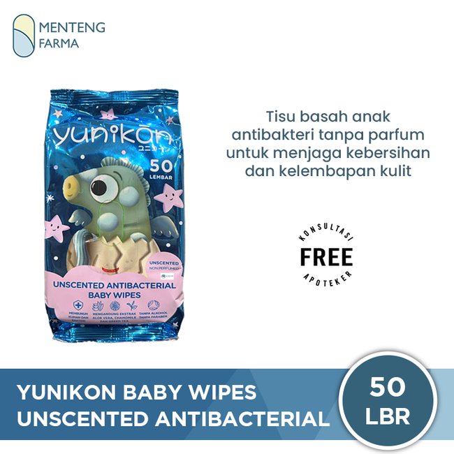 Yunikon Unscented Antibacterial Baby Wipes Isi 50 Sheet - Tisu Basah Bayi dan Anak Antibacterial Unscented
