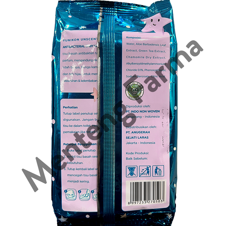 Yunikon Unscented Antibacterial Baby Wipes Isi 50 Sheet - Tisu Basah Bayi dan Anak Antibacterial Unscented
