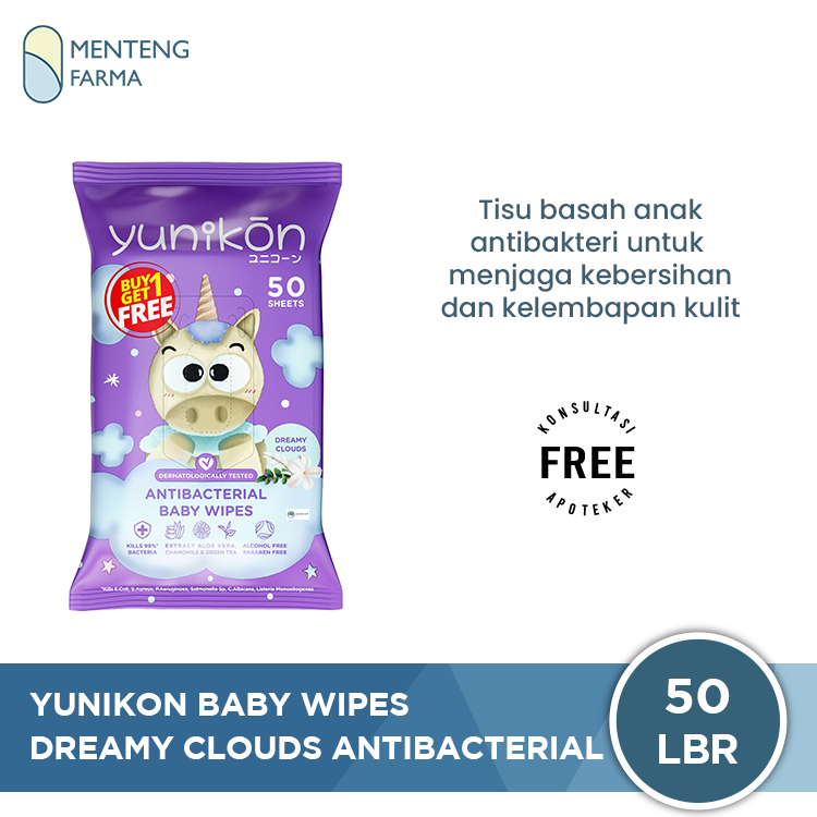 Yunikon Dreamy Clouds AntiBacterial Baby Wipes Isi 50 Sheet - Tisu Basah Bayi dan Anak Antibacterial Purple