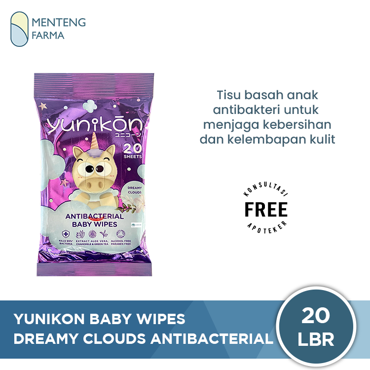 Yunikon Dreamy Clouds AntiBacterial Baby Wipes Isi 20 Sheet - Tisu Basah Bayi dan Anak Antibacterial Purple