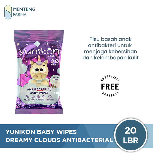 Yunikon Dreamy Clouds AntiBacterial Baby Wipes Isi 20 Sheet - Tisu Basah Bayi dan Anak Antibacterial Purple