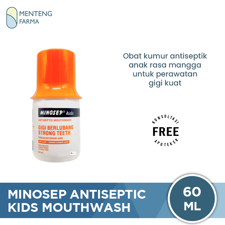 Minosep Kids Antiseptic Mouthwash 60 mL - Obat Kumur Antiseptik Travel Size dengan CPC 0,05% + Sodium Fluoride 0,05% untuk Anak-anak