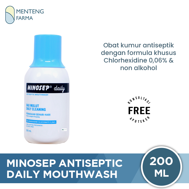 Minosep Daily Antiseptic Mouthwash 200 mL - Obat Kumur Antiseptik Chlorhexidine 0,06% untuk Mengatasi Bau Mulut dan Karang Gigi
