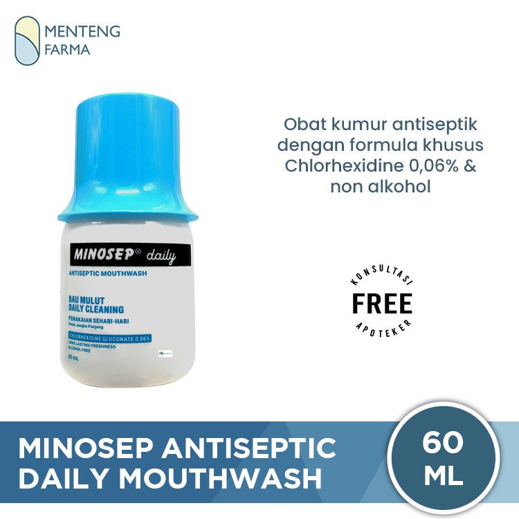 Minosep Daily Antiseptic Mouthwash 60 mL - Obat Kumur Antiseptik Chlorhexidine 0,06% untuk Mengatasi Bau Mulut dan Karang Gigi