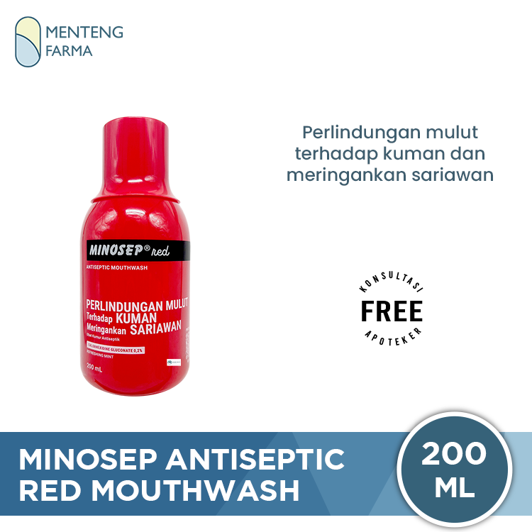 Minosep Red Antiseptic Mouthwash 200 mL - Obat Kumur Antiseptik untuk Sakit Gigi, Gusi Bengkak & Sariawan