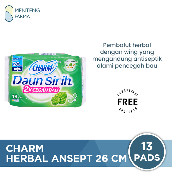 Charm Pembalut Herbal Ansept+ 26 cm Wing Long 13 Pads - Pembalut Herbal 26 cm