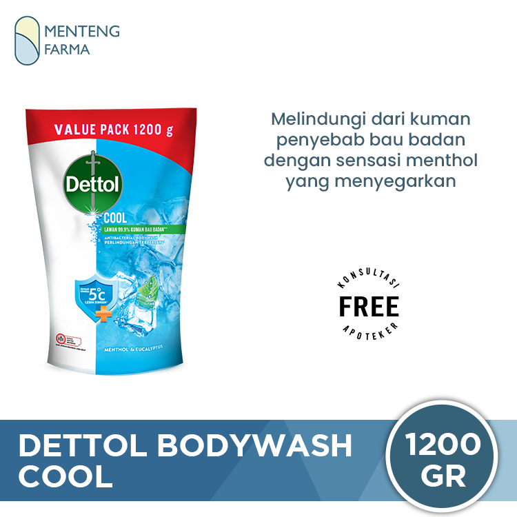 Dettol Cool Menthol & Eucalyptus Antibacterial Body Wash Refill 1200gr - Dengan Kandungan Menthol Segar