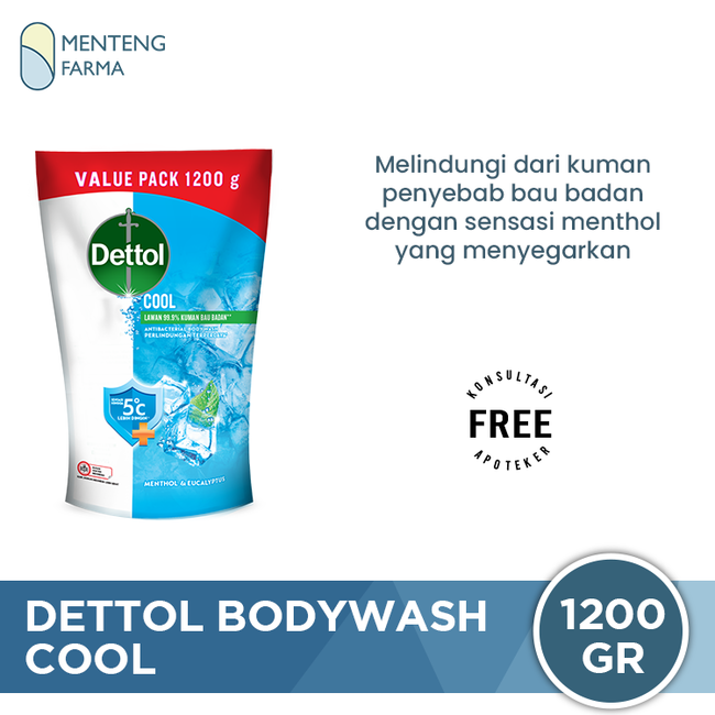 Dettol Cool Menthol & Eucalyptus Antibacterial Body Wash Refill 1200gr - Dengan Kandungan Menthol Segar