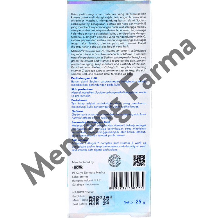 Melanox Premium Face UV Protector SPF 30 PA++ 25 Gr - Menteng Farma