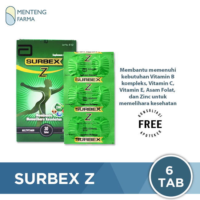 Surbex Z Strip 6 Tablet - Suplemen Vitamin B Kompleks, C, E, Asam Folat, dan Zinc - Menteng Farma