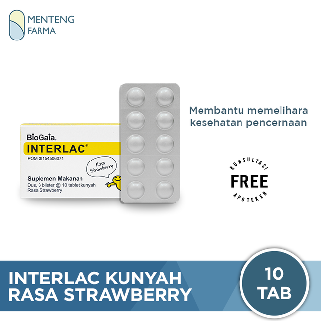 Interlac Kunyah Rasa Strawberry 10 Tablet - Suplemen Saluran Cerna - Menteng Farma