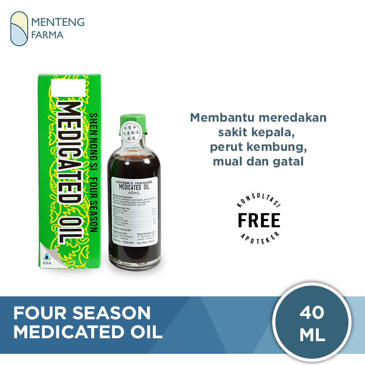 Four Season Medicated Oil 40ml - Minyak Angin untuk Sakit Kepala, Sakit Perut, Flu, Hidung Tersumbat, Mabuk Perjalanan, Gatal Gigitan Serangga - Menteng Farma
