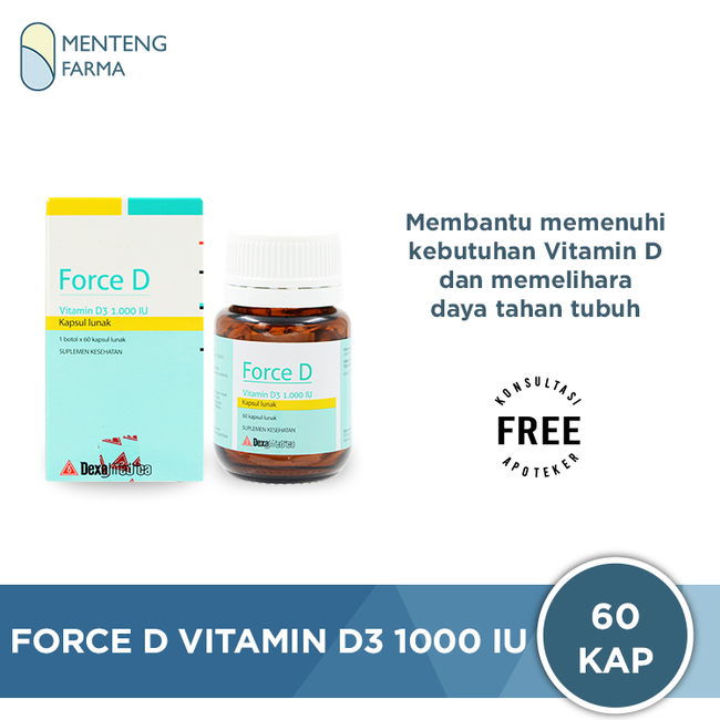 Force D Vitamin D3 1000 IU 60 Kapsul Lunak - Suplemen Vitamin D3 - Menteng Farma