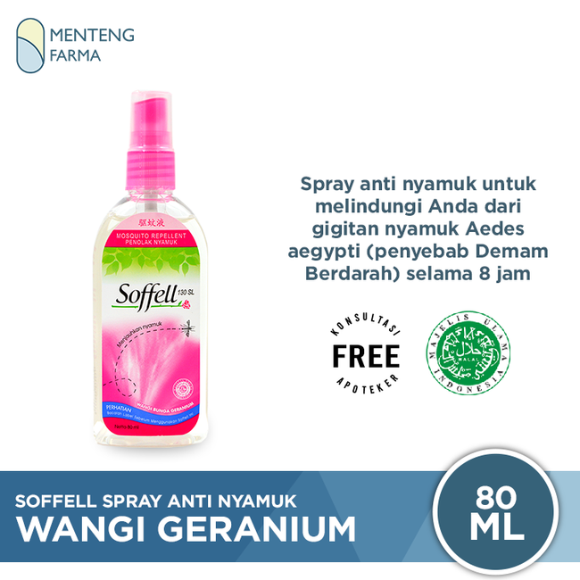 Soffell Spray Wangi Bunga Geranium 80 mL - Cairan Spray Anti Nyamuk - Menteng Farma