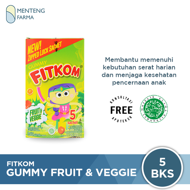 Fitkom Gummy Fruit & Veggie 5 Sachet - Tinggi Serat untuk Kesehatan Pencernaan Anak - Menteng Farma