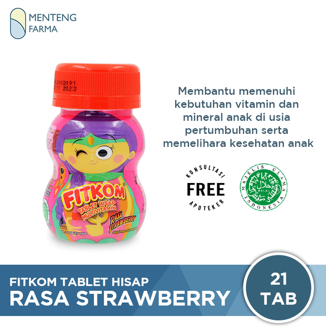 Fitkom Rasa Strawberry 21 Tablet - Multivitamin Tablet Hisap Anak - Menteng Farma