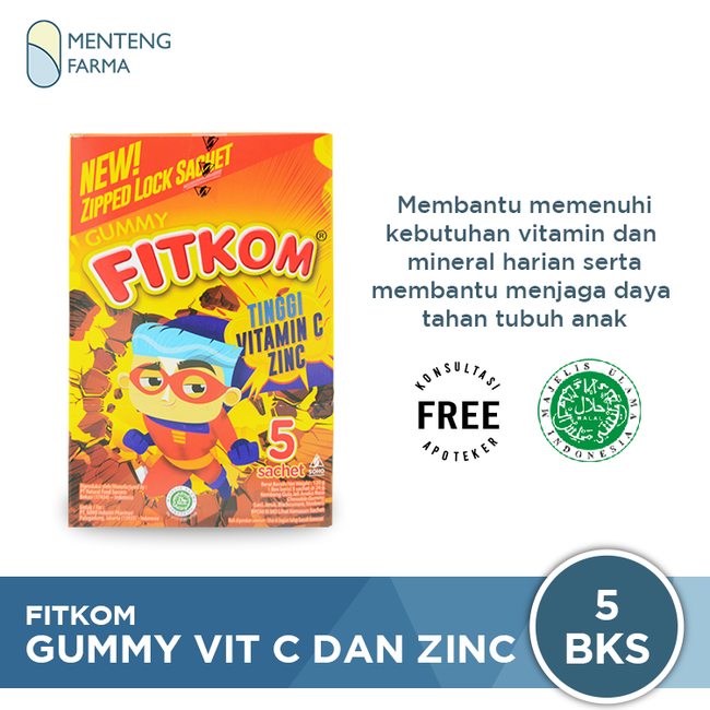 Fitkom Gummy Vit C dan Zinc 5 Sachet - Vitamin Jelly untuk Daya Tahan Tubuh Anak - Menteng Farma