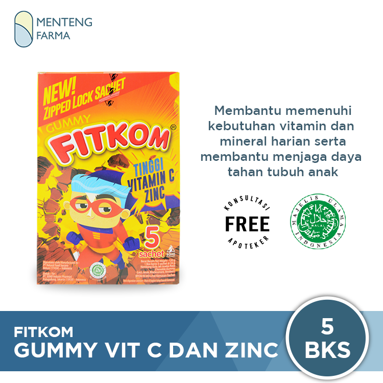 Fitkom Gummy Vit C dan Zinc 5 Sachet - Vitamin Jelly untuk Daya Tahan Tubuh Anak - Menteng Farma