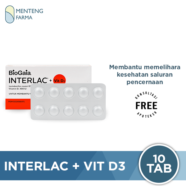 Interlac + Vit D3 10 Tablet Kunyah - Suplemen Kesehatan Saluran Cerna - Menteng Farma