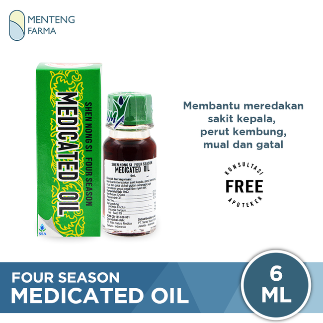 Four Season Medicated Oil 6ml - Minyak Angin untuk Sakit Kepala, Sakit Perut, Flu, Hidung Tersumbat, Mabuk Perjalanan, Gatal Gigitan Serangga - Menteng Farma
