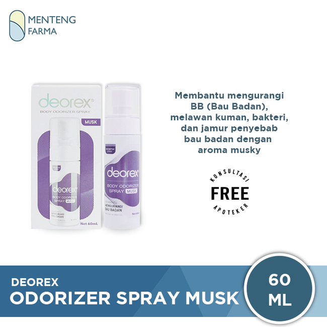 Deorex Body Odorizer Spray Musk 60 mL - Deodoran Spray Penghilang Bau Badan - Menteng Farma