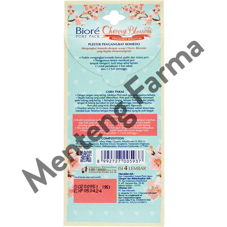 Biore Pore Pack Cherry Blossom 4 Pcs - Plester Pengangkat Komedo Dengan Aroma Cherry Blossom - Menteng Farma