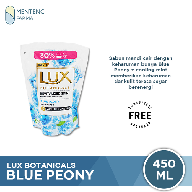 Lux Botanicals Sabun Mandi Cair Blue Peony Refill 450 ML - Sabun Kecantikan dengan Cooling Mint Oil - Menteng Farma