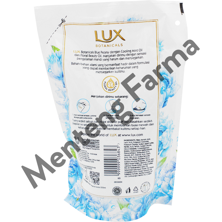 Lux Botanicals Sabun Mandi Cair Blue Peony Refill 450 ML - Sabun Kecantikan dengan Cooling Mint Oil - Menteng Farma