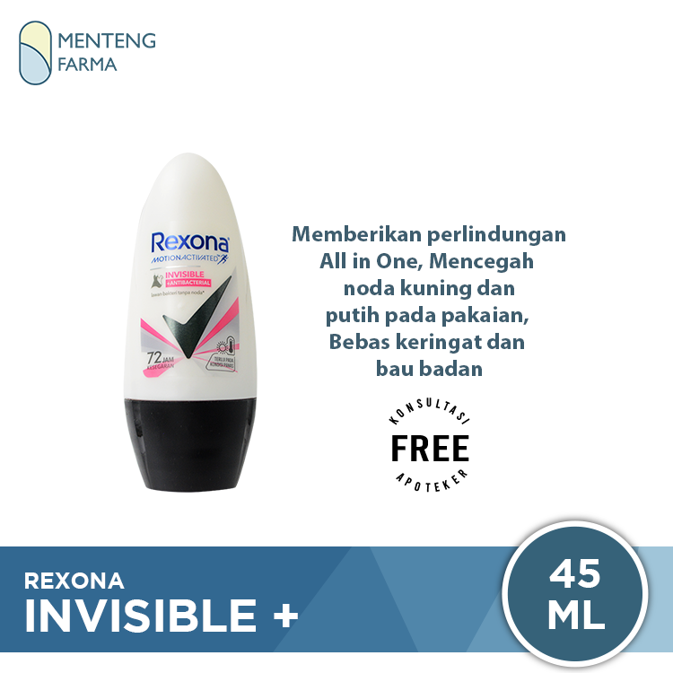 Rexona Anti-Perspirant Deodorant Roll On Invisible + Antibacterial 45 ML - Anti Noda Pada Pakaian - Menteng Farma